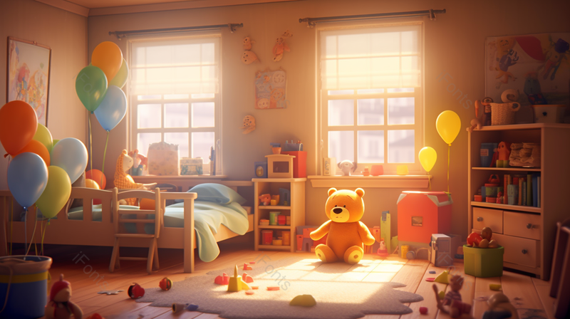 温馨的可爱卡通气球儿童卧室场景,高清,摄影图,摄影图片,图片大全,摄影图免费下载